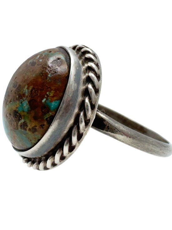 Sterling Silver Ring Turquoise Cabochon Twisted Rope Size 8 Artisan-Made Vintage - Picture 2 of 10